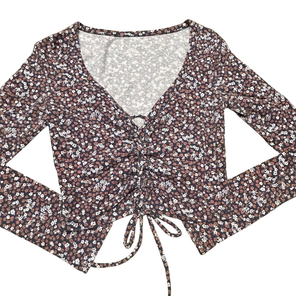 Aeropostale Women's Long Sleeve Floral Print Cinched V Neck Crop Top Junior S